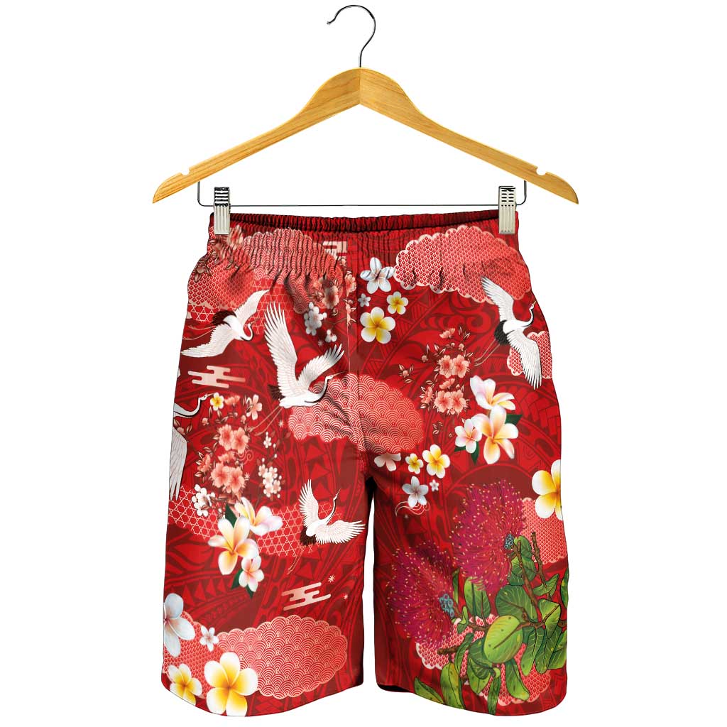 Hawaiian and Japanese Culture Together Shorts for Men Red Ohia Lehua Plumeria and Sakura Blooming - Polynesian Pride