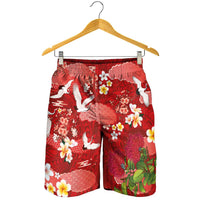 Hawaiian and Japanese Culture Together Shorts for Men Red Ohia Lehua Plumeria and Sakura Blooming - Polynesian Pride