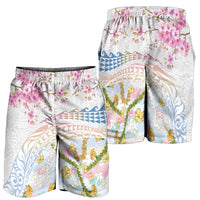 Hawaiian and Japanese Culture Together Shorts for Men Tribal Motifs with Lei and Japanese Sakura Pattern