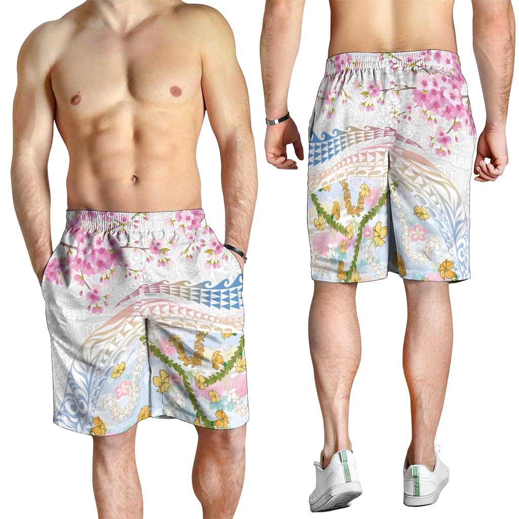 Hawaiian and Japanese Culture Together Shorts for Men Tribal Motifs with Lei and Japanese Sakura Pattern