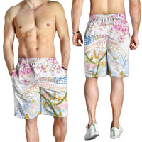Hawaiian and Japanese Culture Together Shorts for Men Tribal Motifs with Lei and Japanese Sakura Pattern