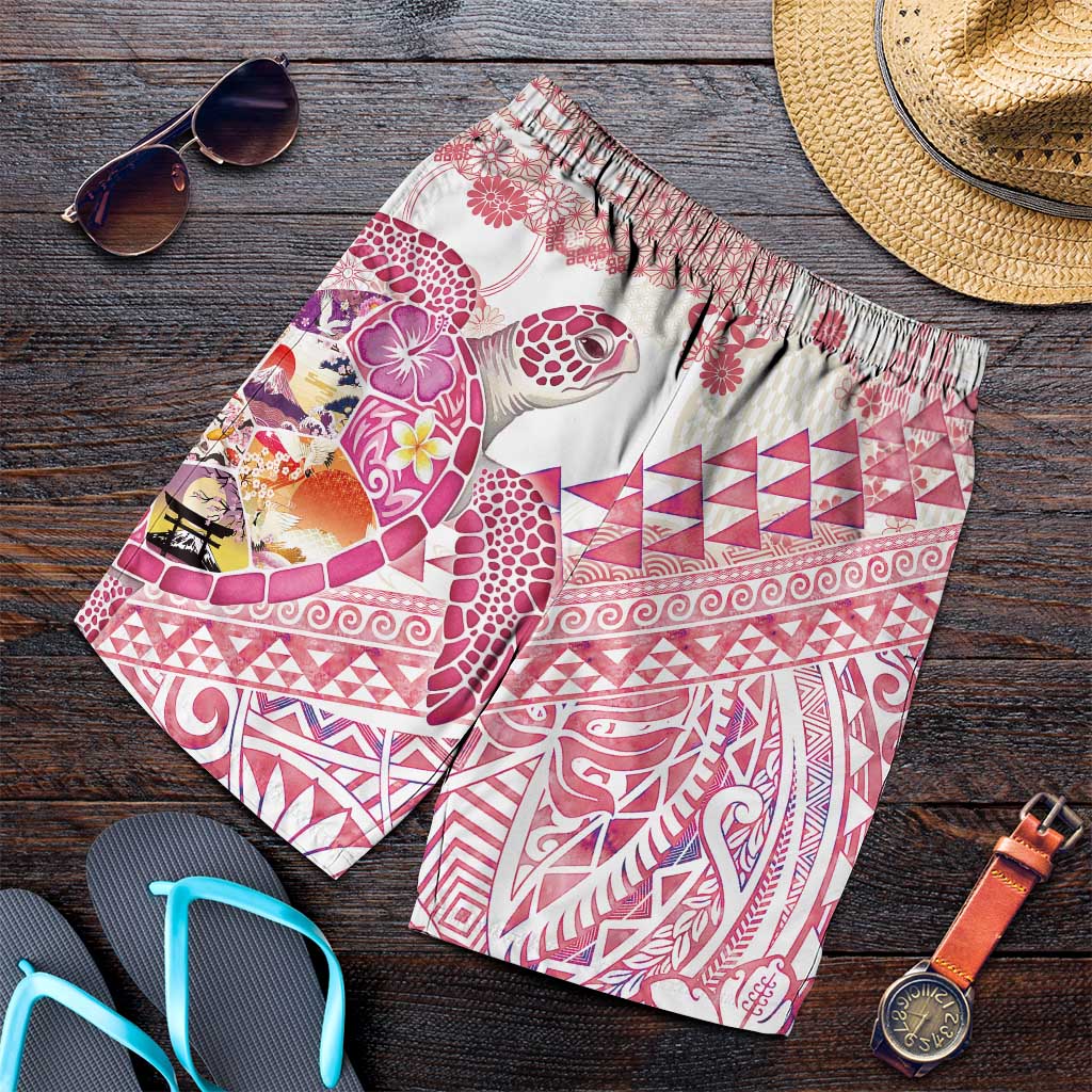 Hawaiian and Japanese Culture Together Shorts for Men Tropical Honu with Japanese Elements Pink Color
