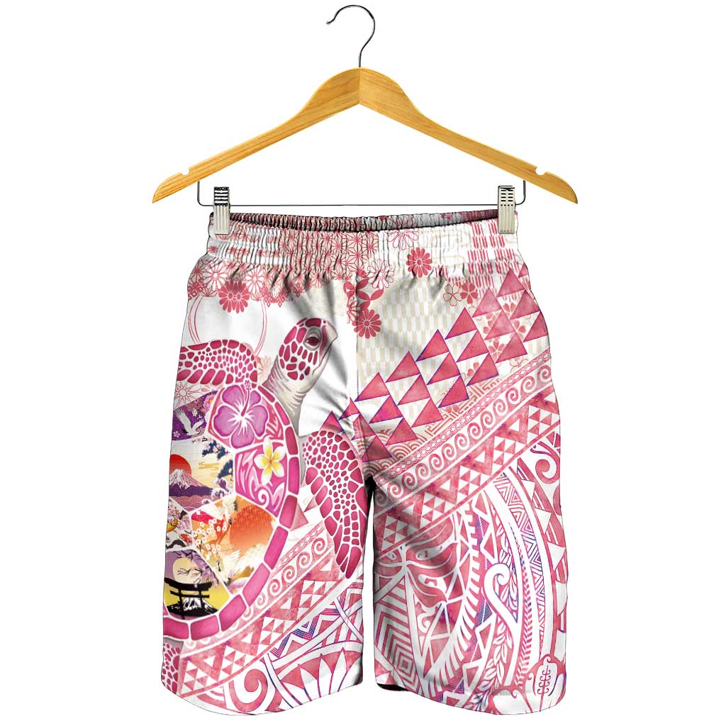 Hawaiian and Japanese Culture Together Shorts for Men Tropical Honu with Japanese Elements Pink Color