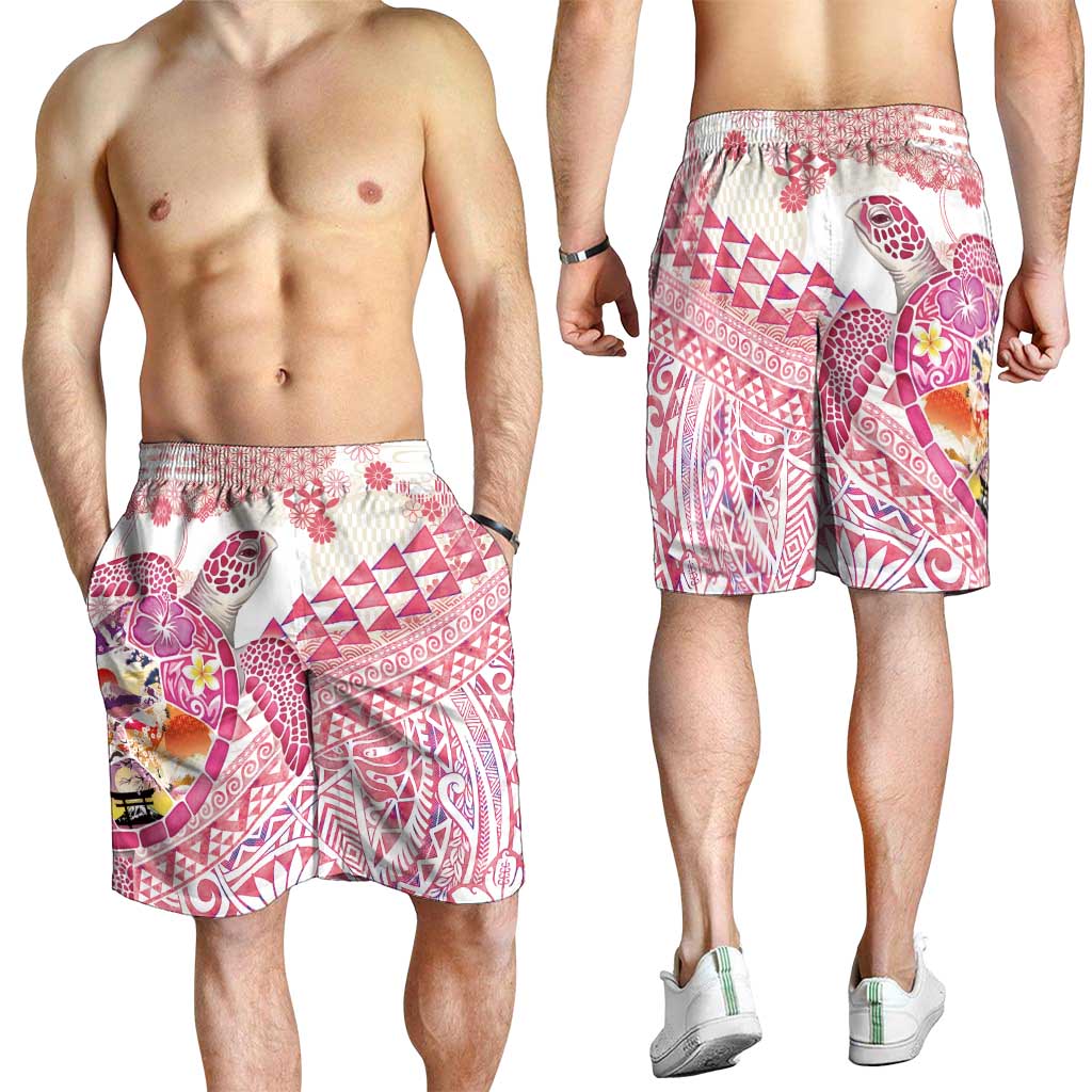 Hawaiian and Japanese Culture Together Shorts for Men Tropical Honu with Japanese Elements Pink Color
