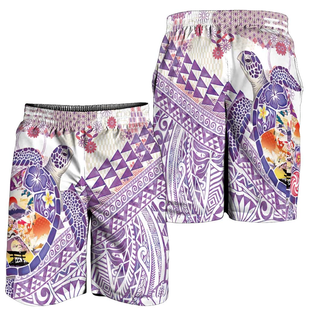 Hawaiian and Japanese Culture Together Shorts for Men Tropical Honu with Japanese Elements Purple Color
