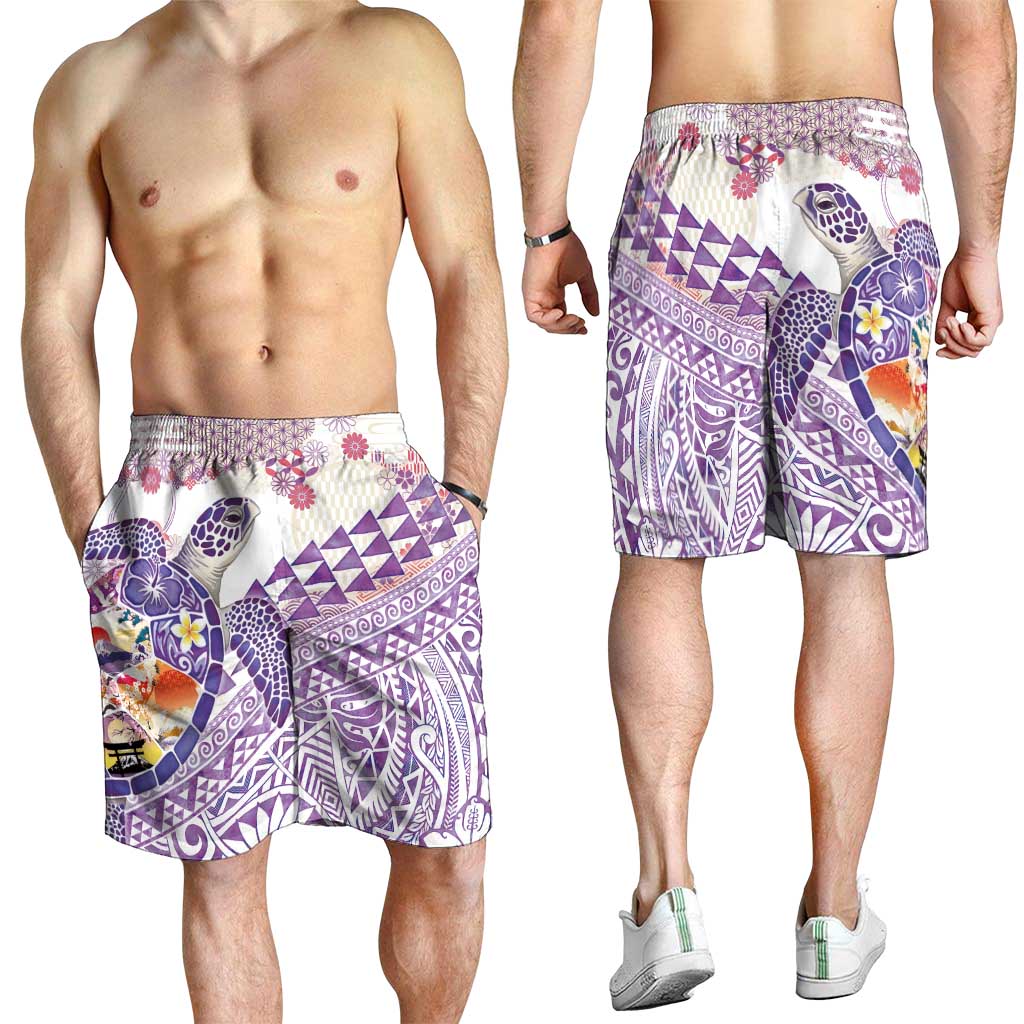 Hawaiian and Japanese Culture Together Shorts for Men Tropical Honu with Japanese Elements Purple Color
