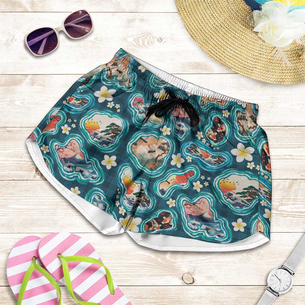Hawaiian and Japanese Culture Together Shorts for Women Hawaiian Island Shapes with Japanese Landscape Teal Color
