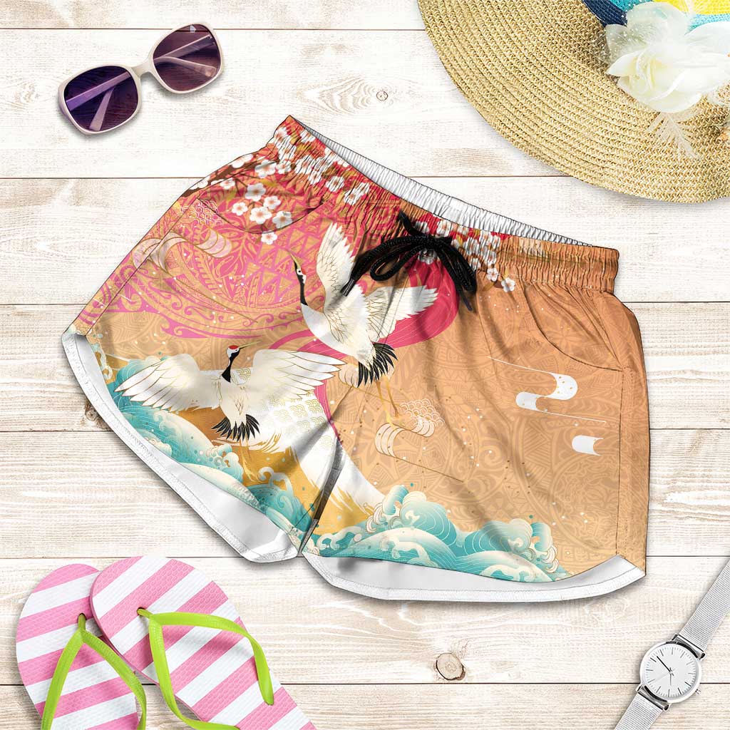 Hawaiian and Japanese Culture Together Shorts for Women Kakau Art Tattoo with Cranes and Sakura Spring Vibe - Polynesian Pride