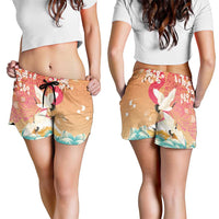 Hawaiian and Japanese Culture Together Shorts for Women Kakau Art Tattoo with Cranes and Sakura Spring Vibe - Polynesian Pride
