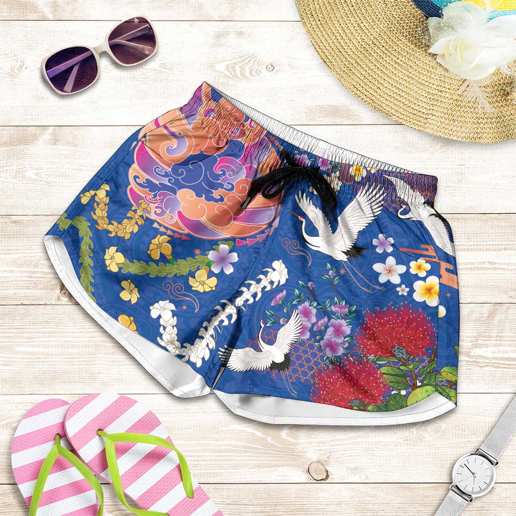 Hawaiian and Japanese Culture Together Shorts for Women Kakau Tribal Pattern and Irezumi Art Blue Color