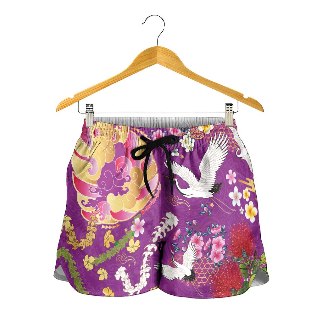 Hawaiian and Japanese Culture Together Shorts for Women Kakau Tribal Pattern and Irezumi Art Purple Color