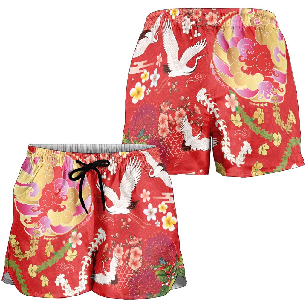Hawaiian and Japanese Culture Together Shorts for Women Kakau Tribal Pattern and Irezumi Art Red Color