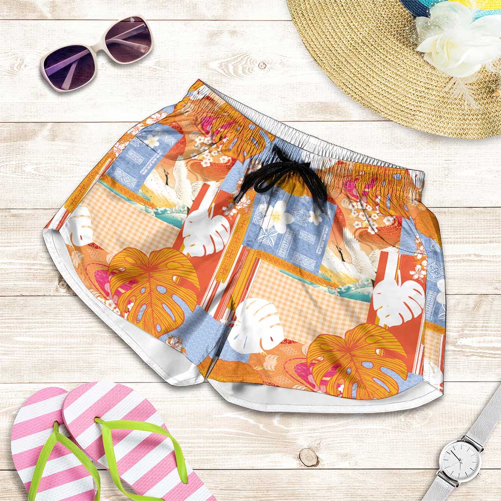 Hawaiian and Japanese Culture Together Shorts for Women Palaka Japanese Art and Tropical Motif Tribal Patchwork