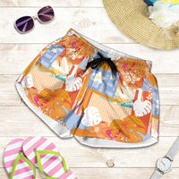 Hawaiian and Japanese Culture Together Shorts for Women Palaka Japanese Art and Tropical Motif Tribal Patchwork