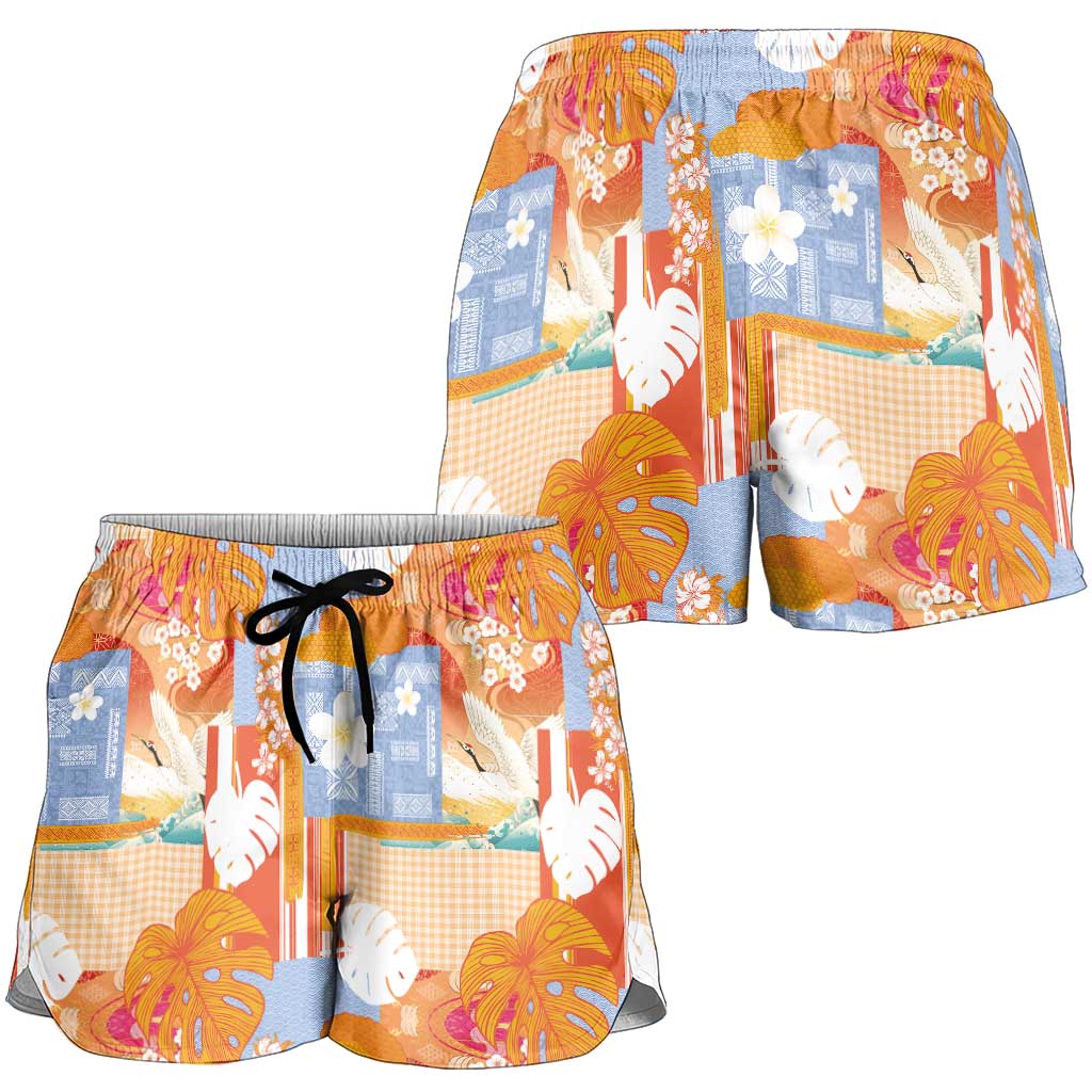 Hawaiian and Japanese Culture Together Shorts for Women Palaka Japanese Art and Tropical Motif Tribal Patchwork