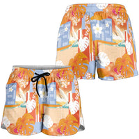 Hawaiian and Japanese Culture Together Shorts for Women Palaka Japanese Art and Tropical Motif Tribal Patchwork