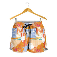 Hawaiian and Japanese Culture Together Shorts for Women Palaka Japanese Art and Tropical Motif Tribal Patchwork