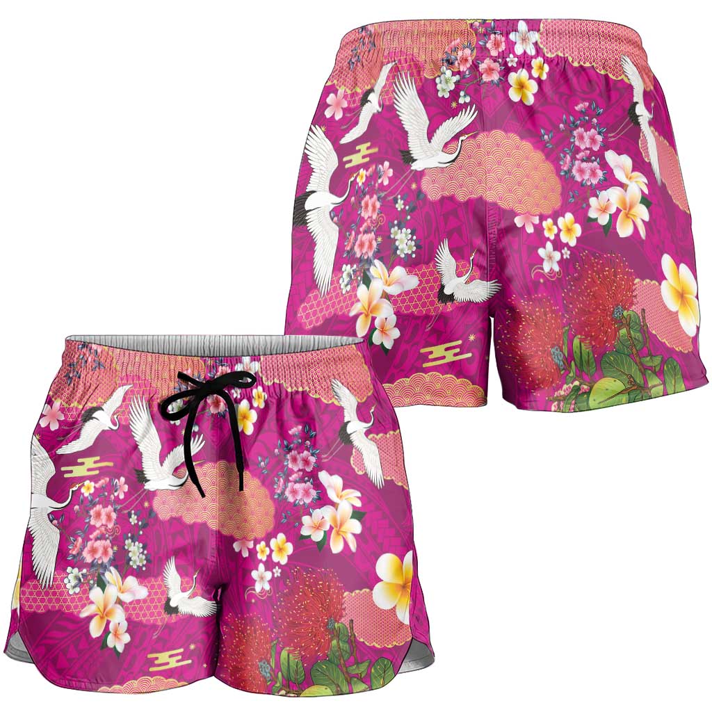 Hawaiian and Japanese Culture Together Shorts for Women Pink Ohia Lehua Plumeria and Sakura Blooming - Polynesian Pride