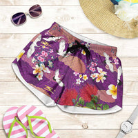 Hawaiian and Japanese Culture Together Shorts for Women Purple Ohia Lehua Plumeria and Sakura Blooming - Polynesian Pride