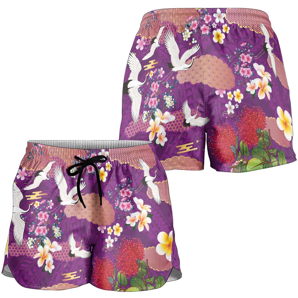 Hawaiian and Japanese Culture Together Shorts for Women Purple Ohia Lehua Plumeria and Sakura Blooming - Polynesian Pride