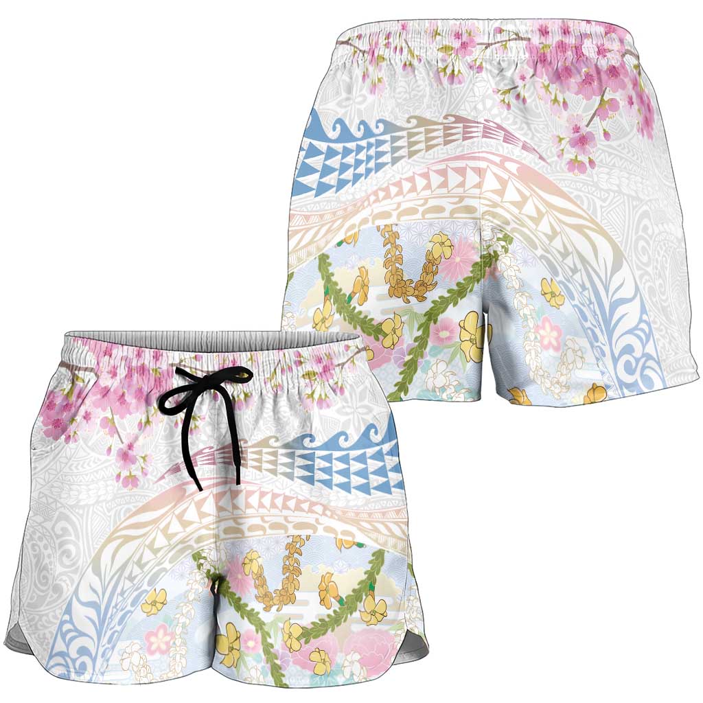 Hawaiian and Japanese Culture Together Shorts for Women Tribal Motifs with Lei and Japanese Sakura Pattern