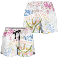 Hawaiian and Japanese Culture Together Shorts for Women Tribal Motifs with Lei and Japanese Sakura Pattern