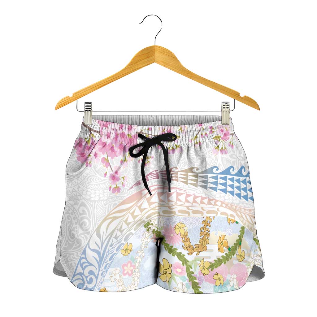 Hawaiian and Japanese Culture Together Shorts for Women Tribal Motifs with Lei and Japanese Sakura Pattern