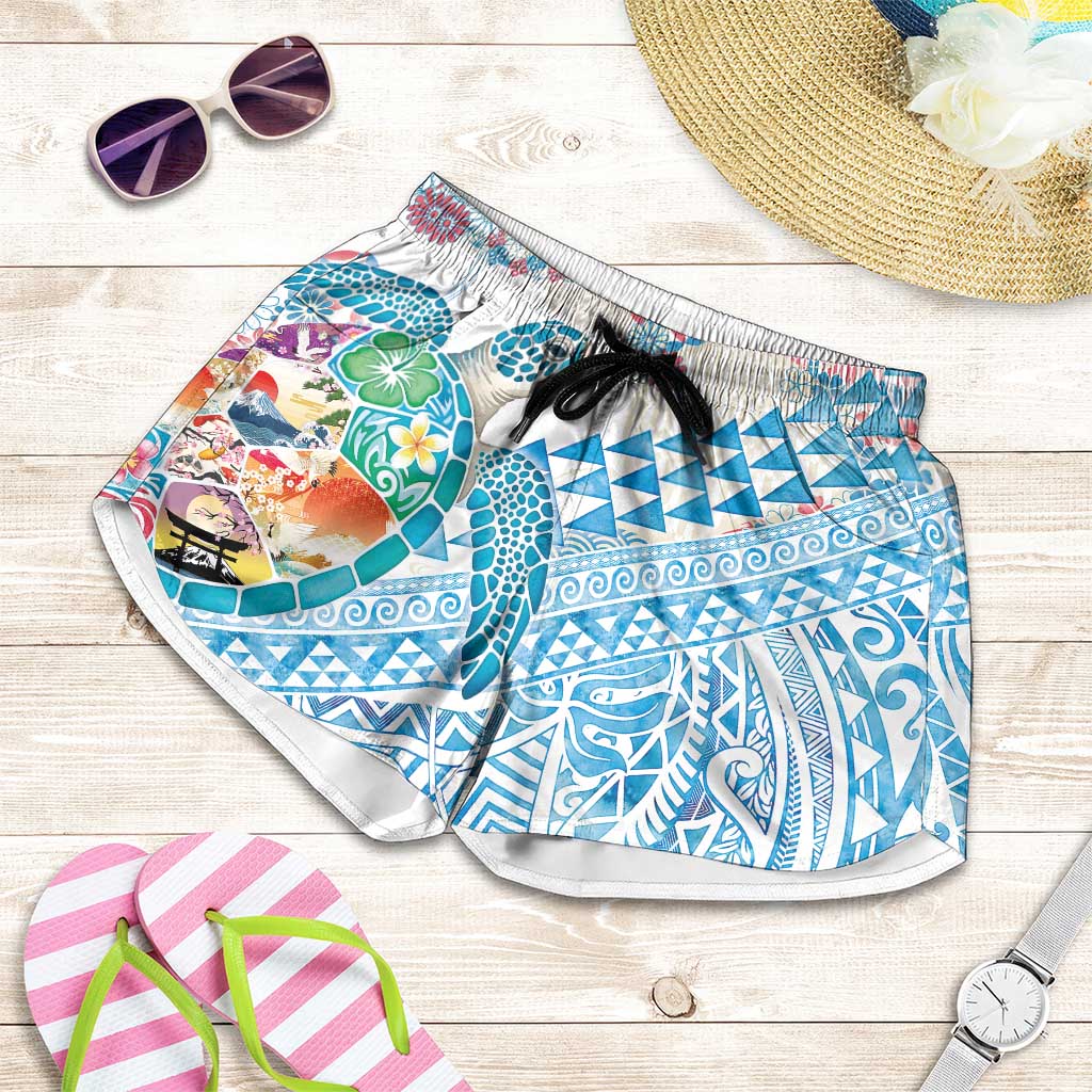 Hawaiian and Japanese Culture Together Shorts for Women Tropical Honu with Japanese Elements Blue Color