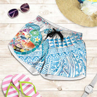 Hawaiian and Japanese Culture Together Shorts for Women Tropical Honu with Japanese Elements Blue Color