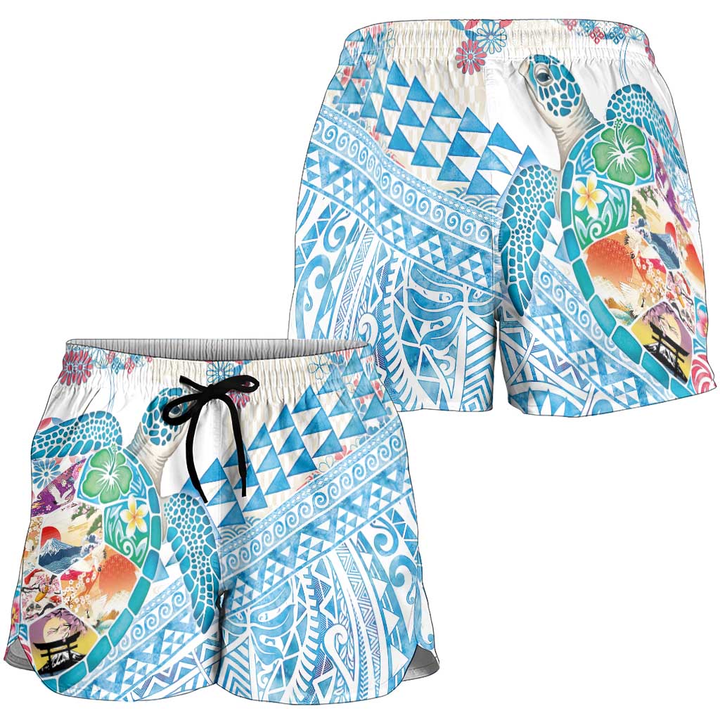 Hawaiian and Japanese Culture Together Shorts for Women Tropical Honu with Japanese Elements Blue Color