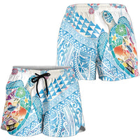 Hawaiian and Japanese Culture Together Shorts for Women Tropical Honu with Japanese Elements Blue Color