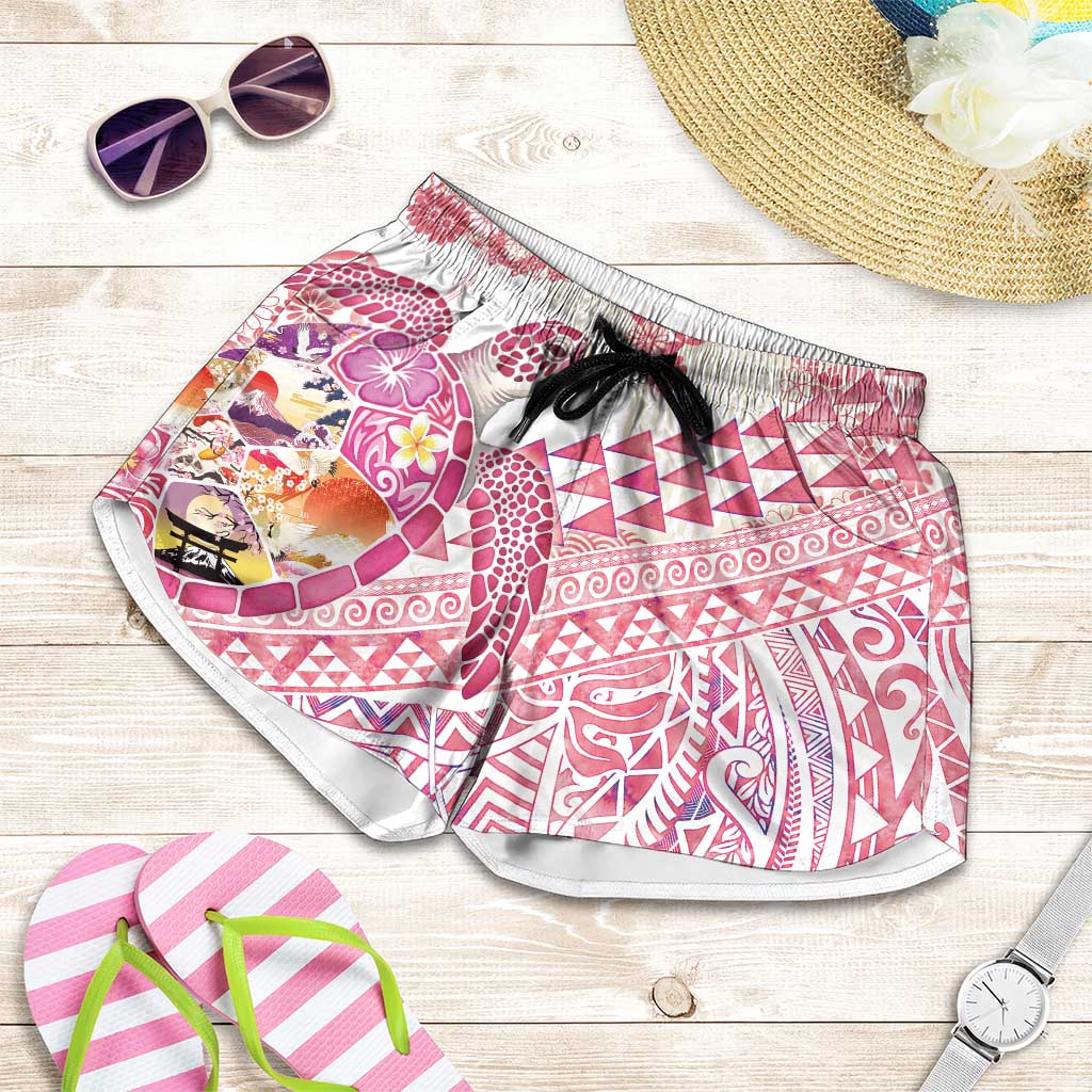 Hawaiian and Japanese Culture Together Shorts for Women Tropical Honu with Japanese Elements Pink Color