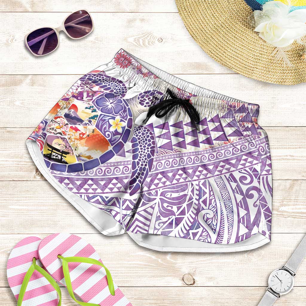 Hawaiian and Japanese Culture Together Shorts for Women Tropical Honu with Japanese Elements Purple Color