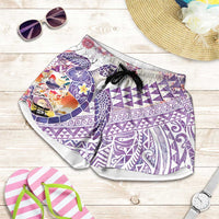 Hawaiian and Japanese Culture Together Shorts for Women Tropical Honu with Japanese Elements Purple Color