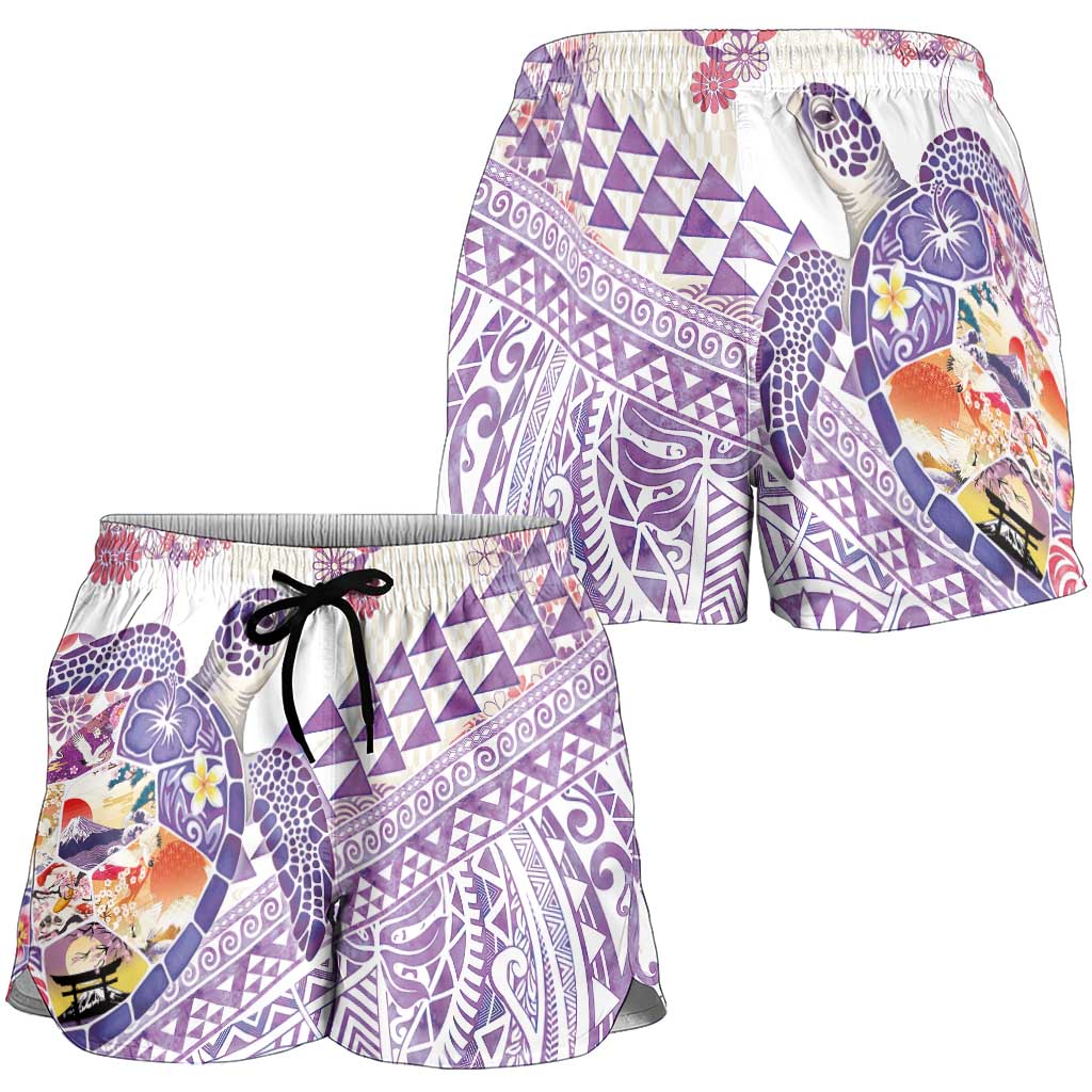 Hawaiian and Japanese Culture Together Shorts for Women Tropical Honu with Japanese Elements Purple Color