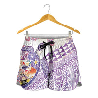 Hawaiian and Japanese Culture Together Shorts for Women Tropical Honu with Japanese Elements Purple Color