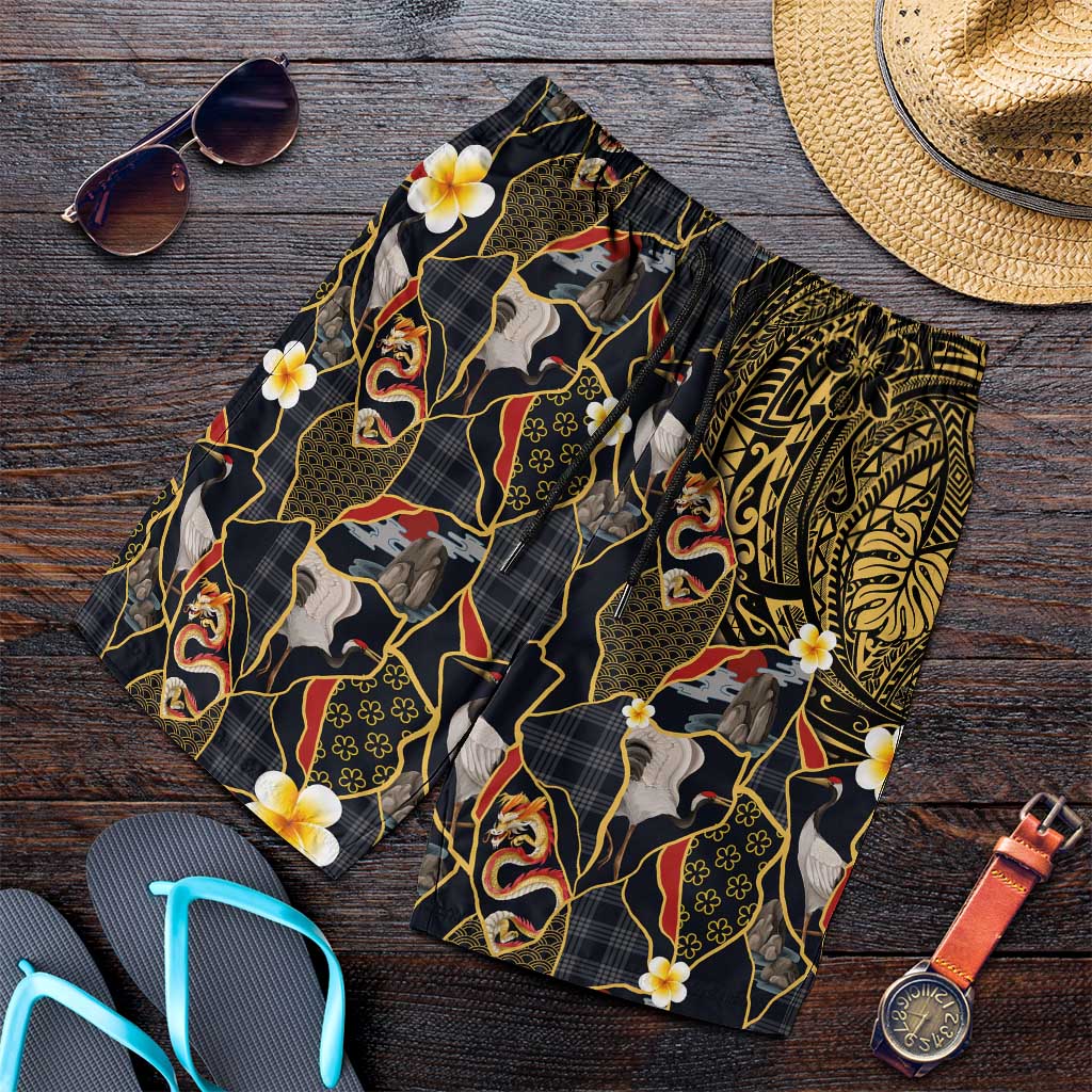 Hawaiian and Japanese Shorts for Men Polynesian Tattoo with Japanese Culture Kintsugi Style LT03 Multicolor - Polynesian Pride