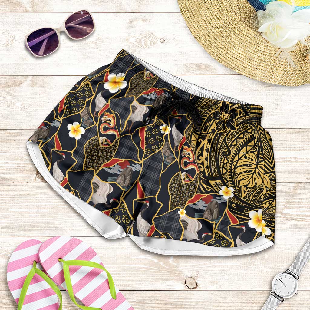 Hawaiian and Japanese Shorts for Women Polynesian Tattoo with Japanese Culture Kintsugi Style