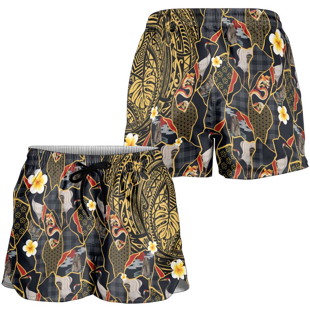 Hawaiian and Japanese Shorts for Women Polynesian Tattoo with Japanese Culture Kintsugi Style