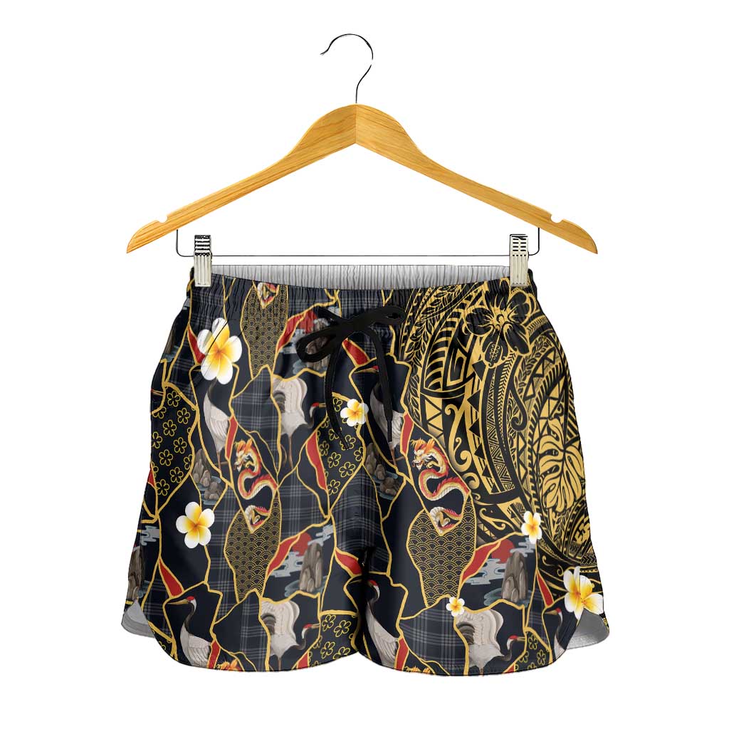 Hawaiian and Japanese Shorts for Women Polynesian Tattoo with Japanese Culture Kintsugi Style