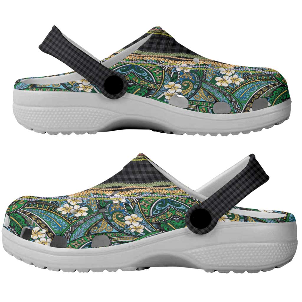 Hawaiian Art Flower Tribal with Lei Clogs Shoes Palaka Pattern Black Color LT03