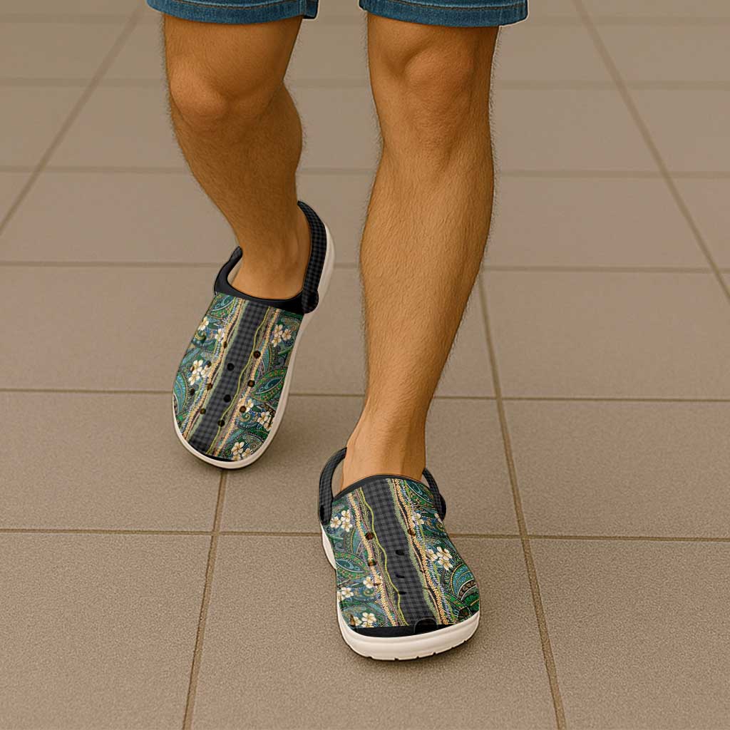 Hawaiian Art Flower Tribal with Lei Clogs Shoes Palaka Pattern Black Color - Polynesian Pride