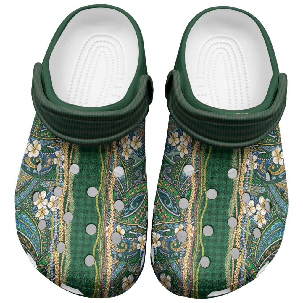 Hawaiian Art Flower Tribal with Lei Clogs Shoes Palaka Pattern Green Color - Polynesian Pride