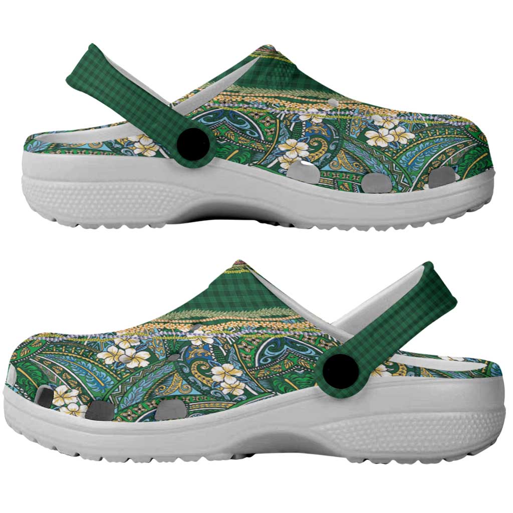 Hawaiian Art Flower Tribal with Lei Clogs Shoes Palaka Pattern Green Color LT03