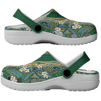 Hawaiian Art Flower Tribal with Lei Clogs Shoes Palaka Pattern Green Color LT03