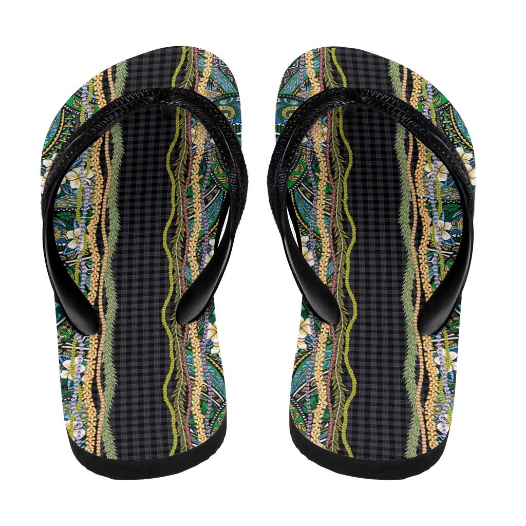 Hawaiian Art Flower Tribal with Lei Flip Flops Palaka Pattern Black Color - Polynesian Pride