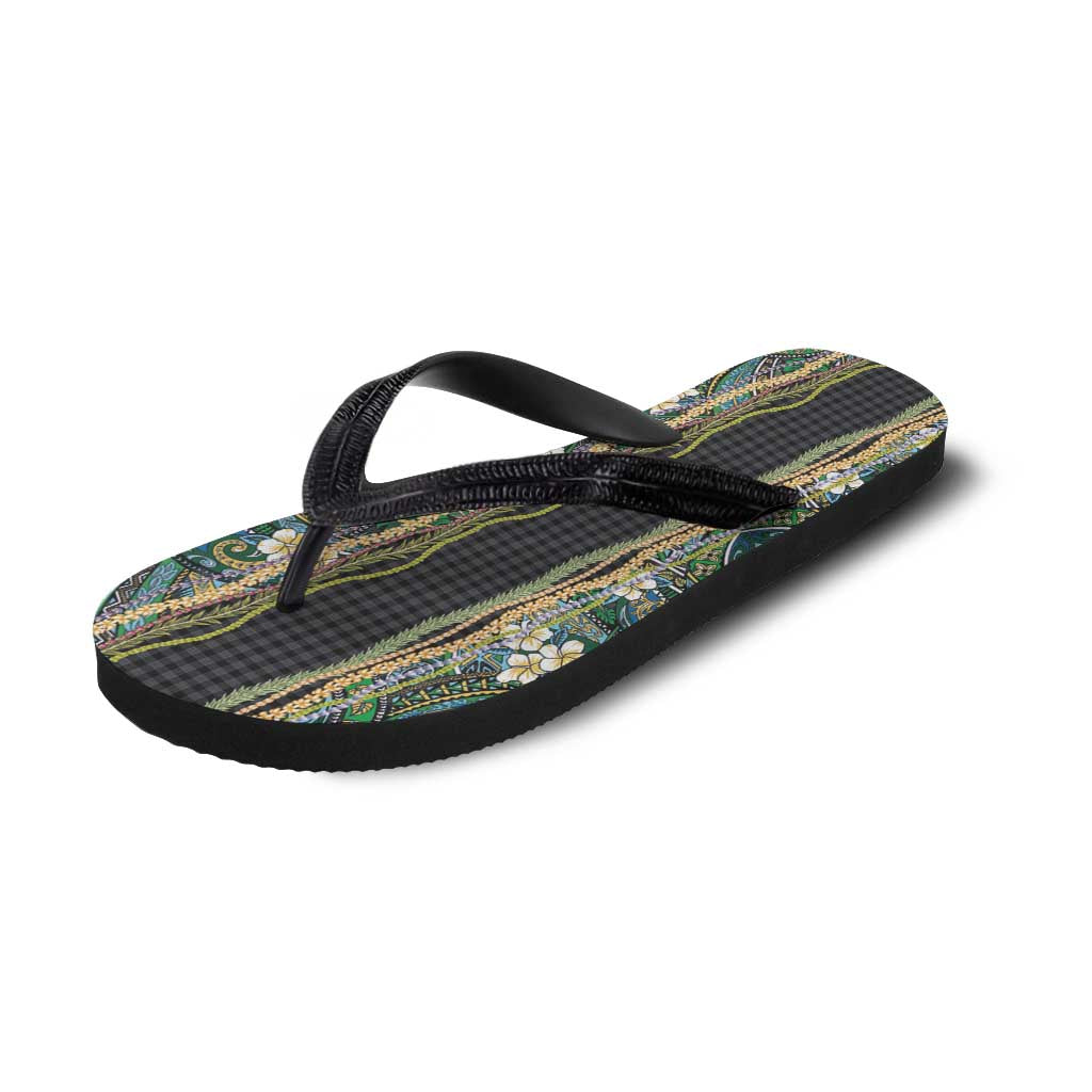 Hawaiian Art Flower Tribal with Lei Flip Flops Palaka Pattern Black Color - Polynesian Pride