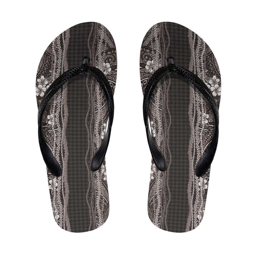 Hawaiian Art Flower Tribal with Lei Flip Flops Palaka Pattern Grayscale LT03 Gray - Polynesian Pride