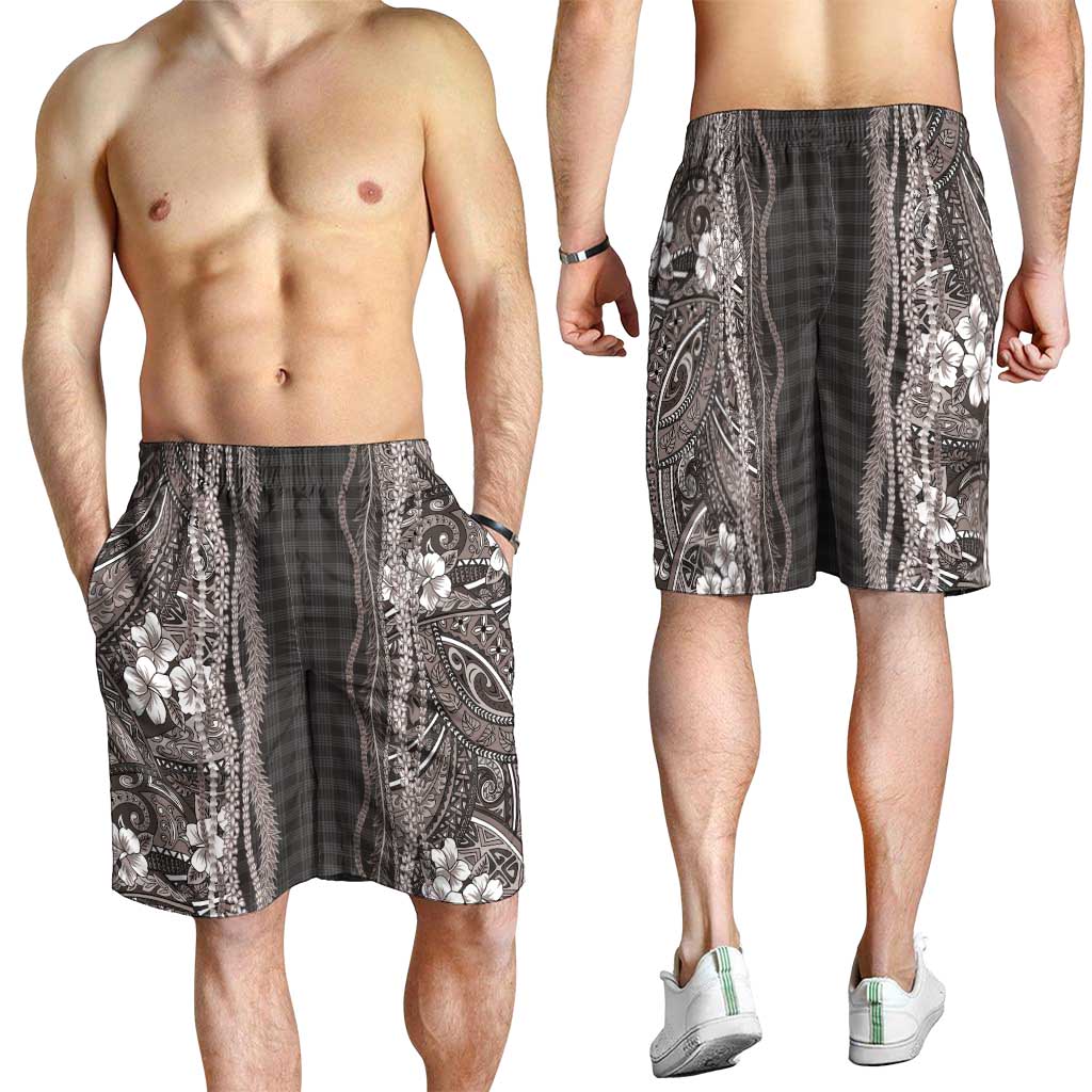 Hawaiian Art Flower Tribal with Lei Shorts for Men Palaka Pattern Grayscale - Polynesian Pride