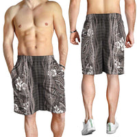 Hawaiian Art Flower Tribal with Lei Shorts for Men Palaka Pattern Grayscale - Polynesian Pride